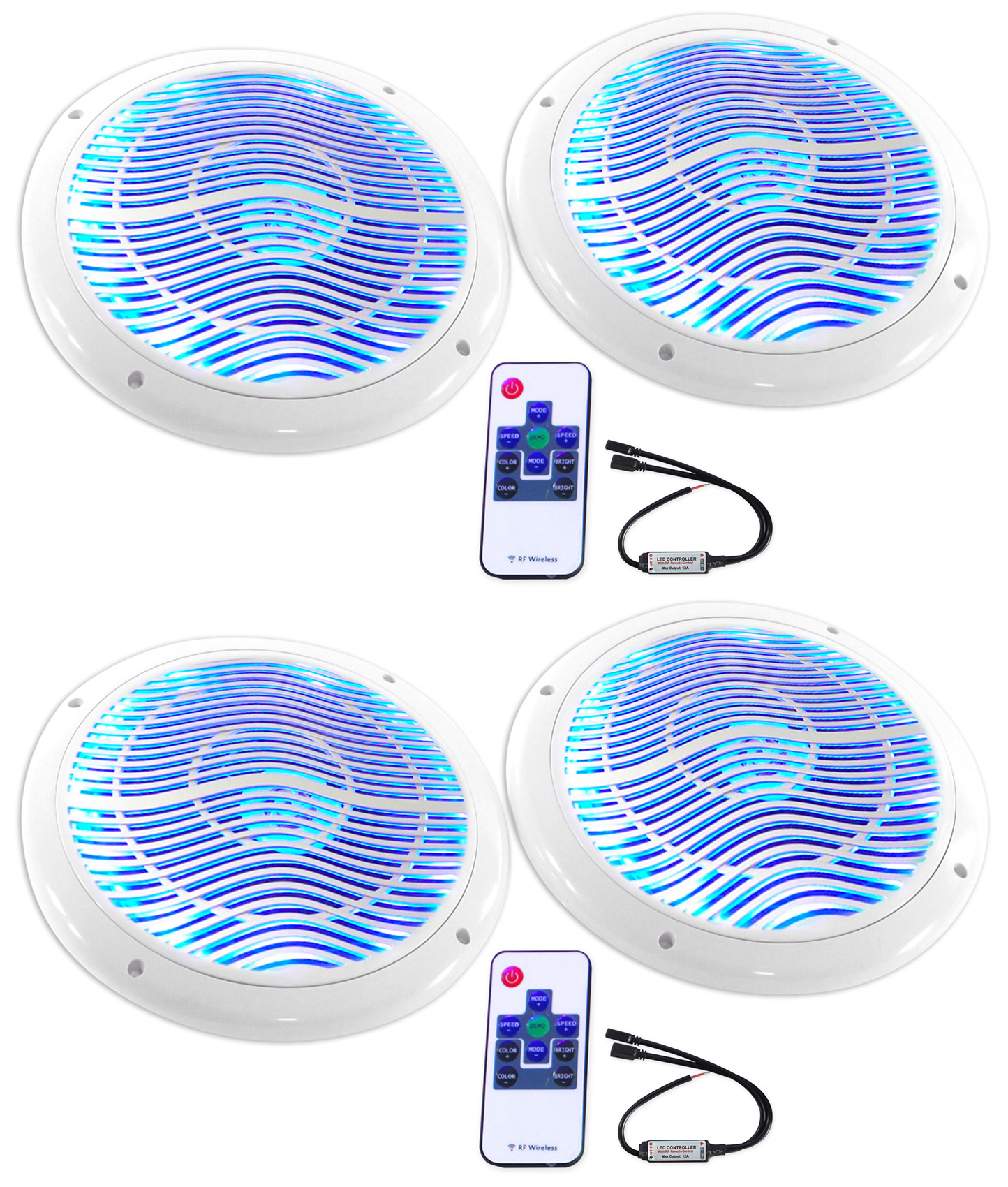(4) Rockville RMC80LW 8" 1600w White Marine Speakers w Multi Color LED + Remote