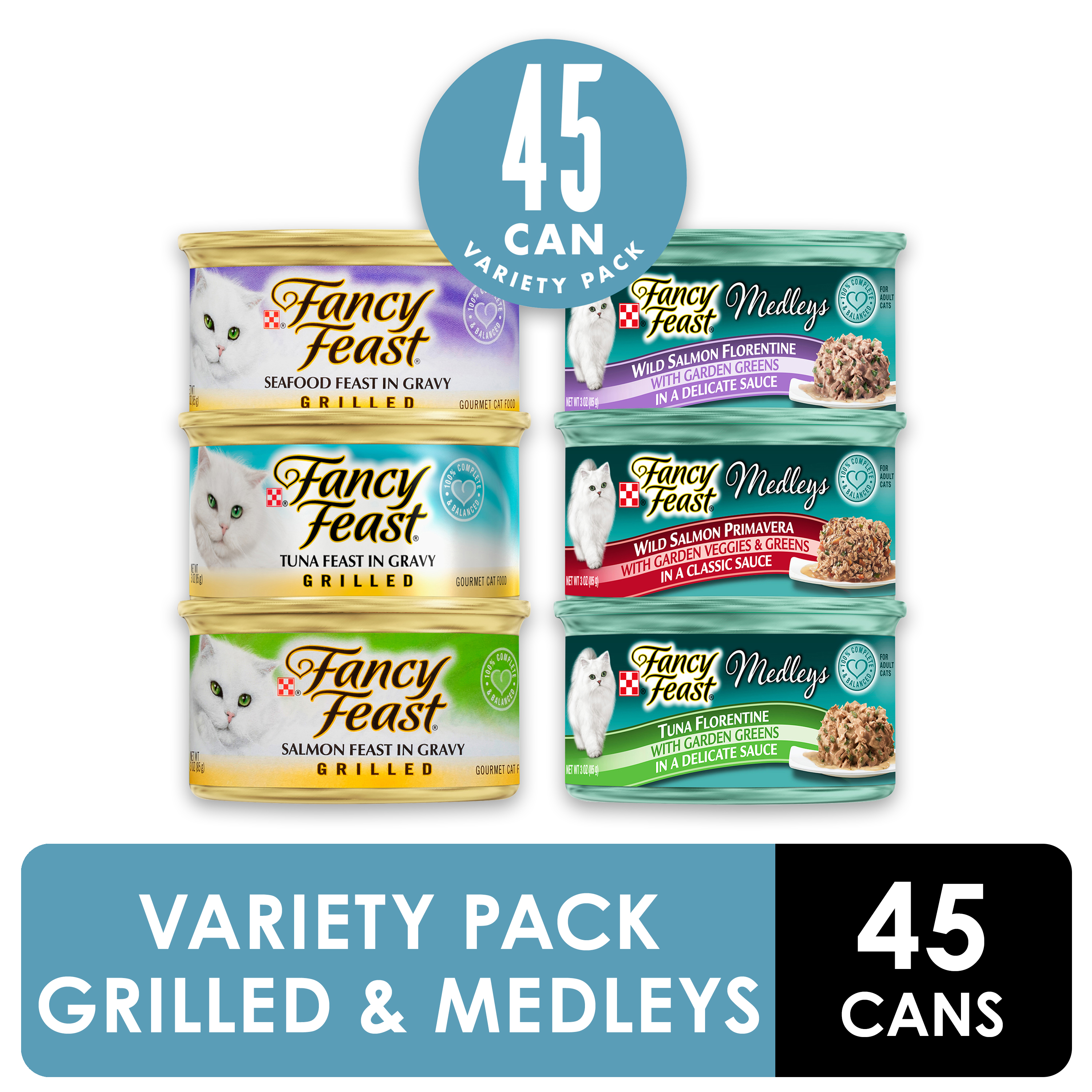 (45 Pack) Fancy Feast Wet Cat Food Variety Pack Grilled Feast & Medleys Seafood Collection 3 oz. Cans