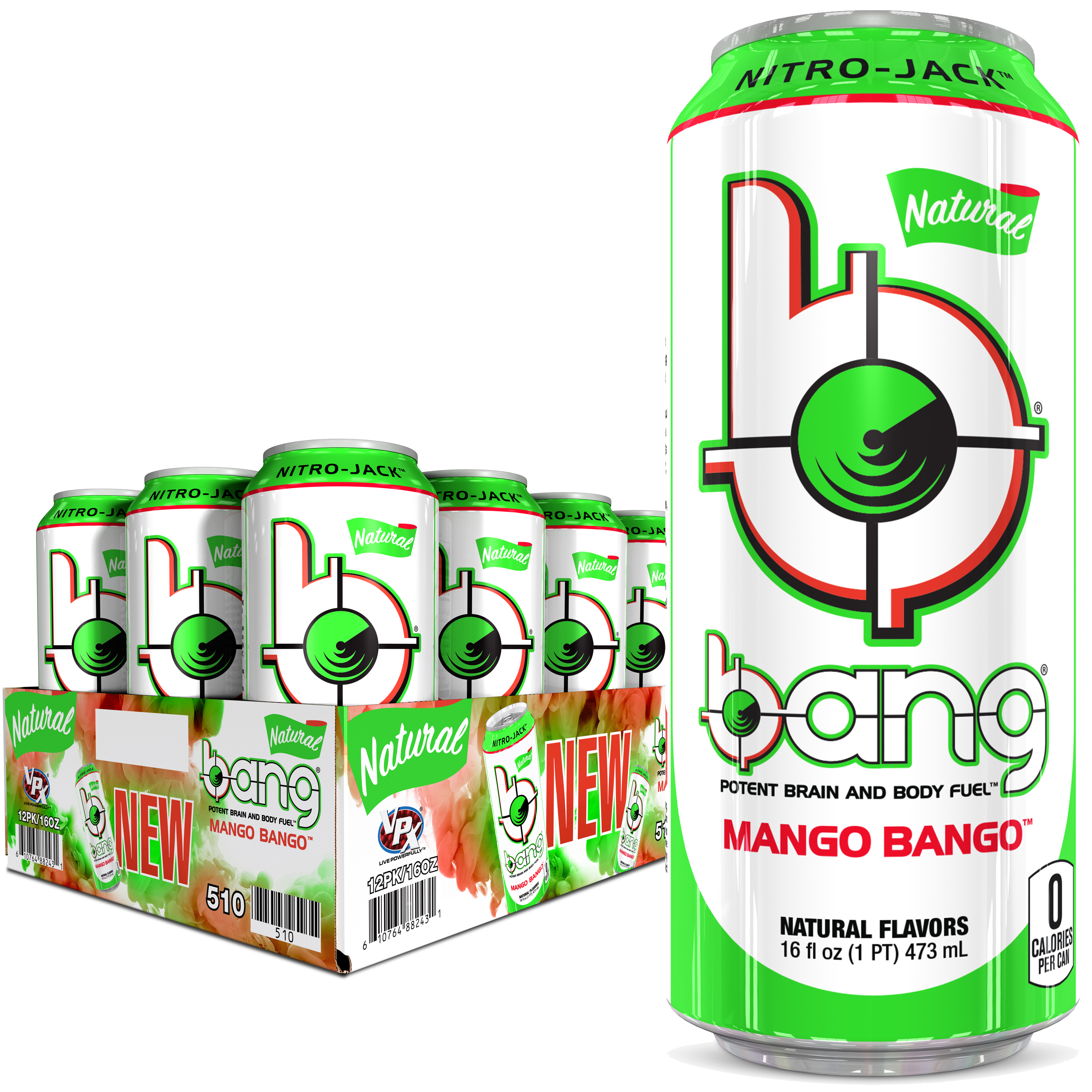 (12 Cans) Bang Natural Mango Bango Energy Drink, 16 fl oz