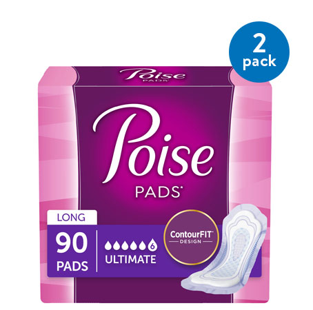 (2 Pack) Poise Incontinence Pads, Original Design, Ultimate Absorbency, Long, 90 count