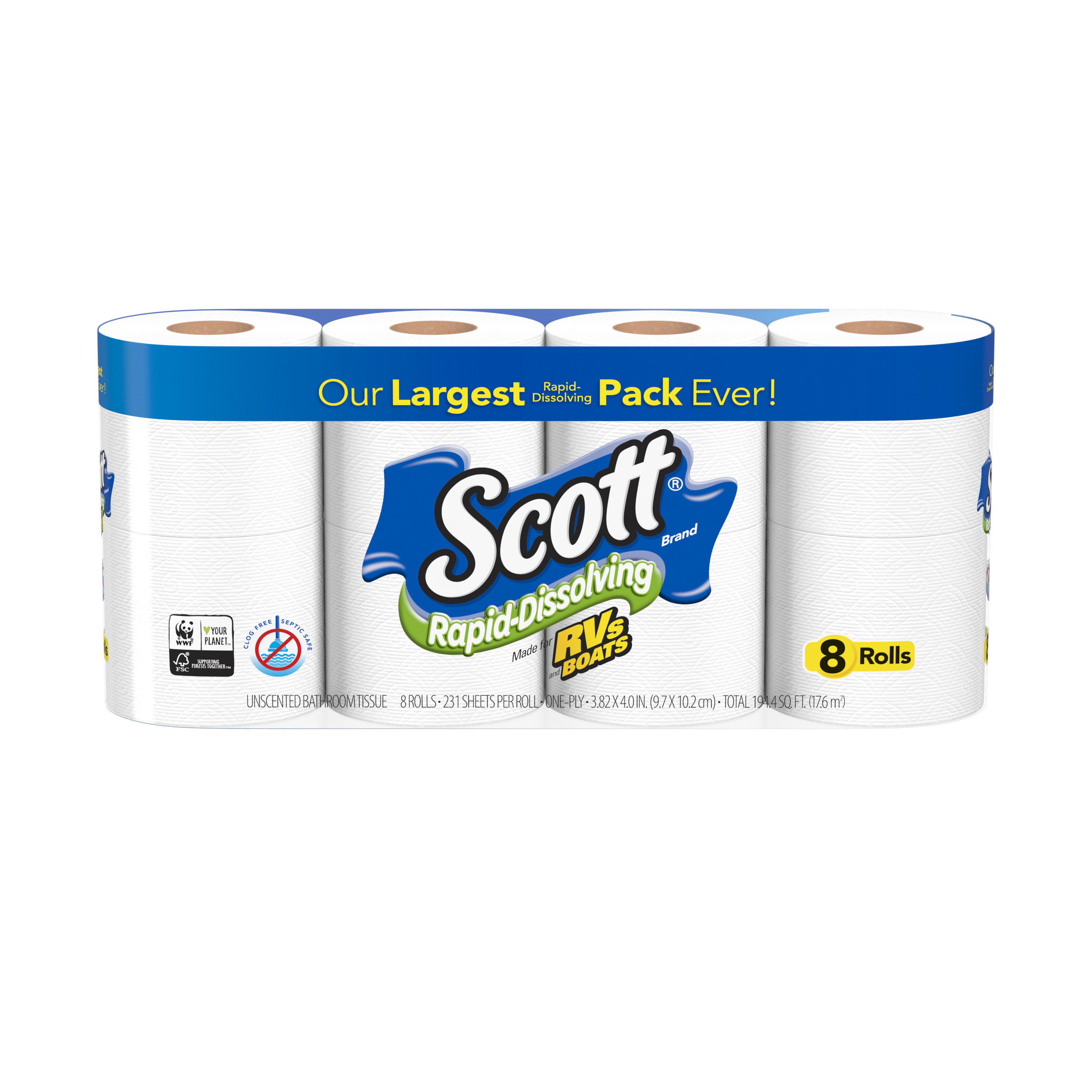 (6 Pack) Scott Rapid-Dissolving Toilet Paper, 8 Rolls, Bath Tissue