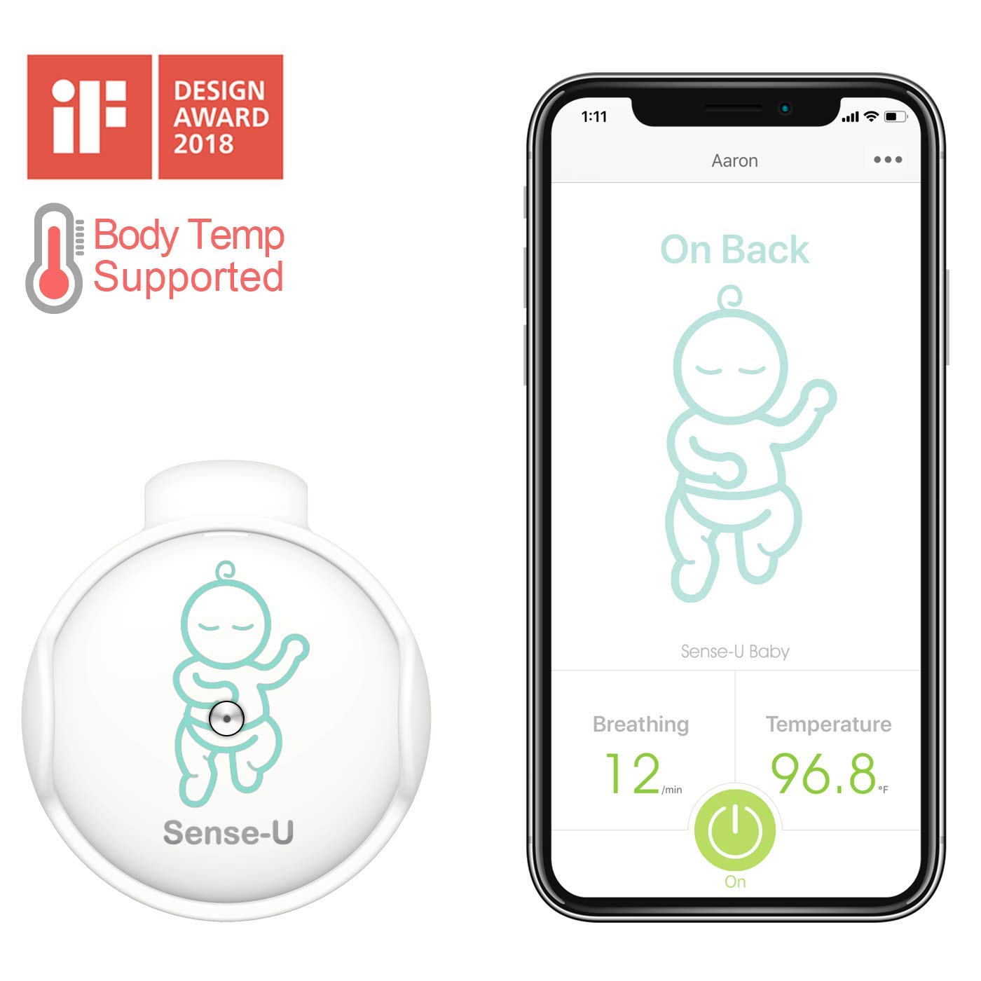 (2020 New Model) Sense-U Baby Monitor with Breathing Rollover Movement Body Temperature Sensors: Track Your Baby's Breathing, Rollover, Body Temperature with New Clasp Design (Body Temperature)