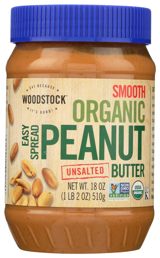 (12 Pack) Woodstock Organic Easy Spread Peanut Butter Smooth Unsalted, 18 Oz.