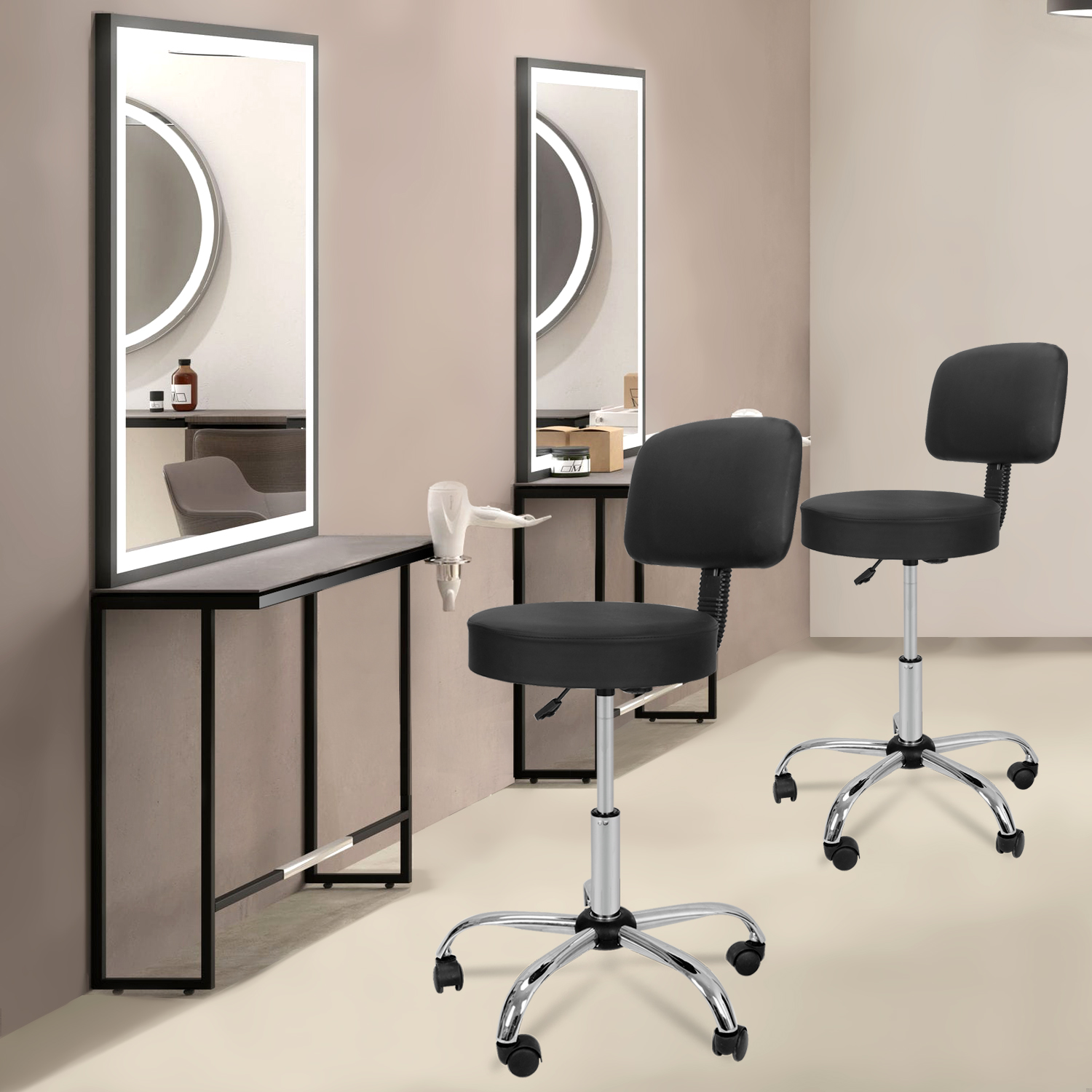 Zeny 2 PCS Adjustable Hydraulic Rolling Swivel Salon Stool Chair Tattoo Massage Facial Spa Stool Chair with Back (PU Leather Cushion) Black