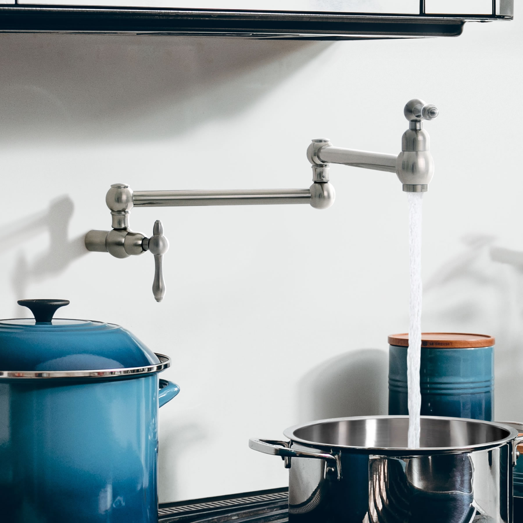 Zenvida Pot Filler Faucet Wall Mount Brushed Nickel Two Handles Dual Joint Swing Arm, Folding Single Hole Modern Kitchen