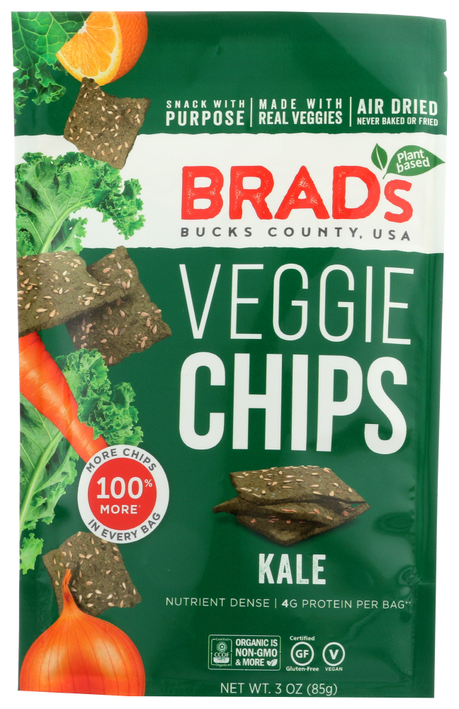 (12 Pack) Brad'S Plant-Based Foods, Veggies Kale Raw Chips, 3 Oz. Packet
