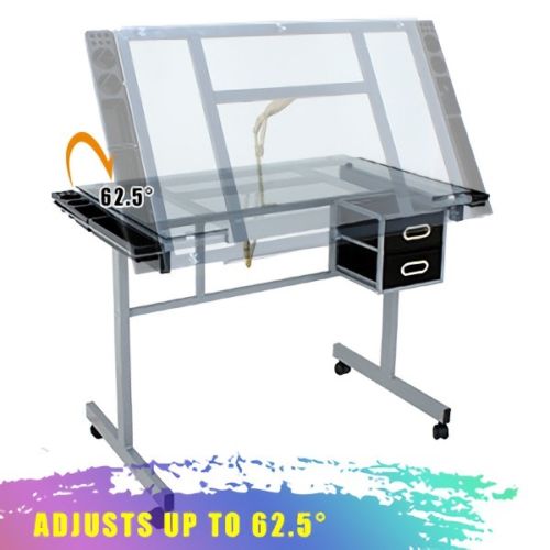 Zeny Drafting Table Craft Station with Glass Top Drawing Desk Art Work Station Artist