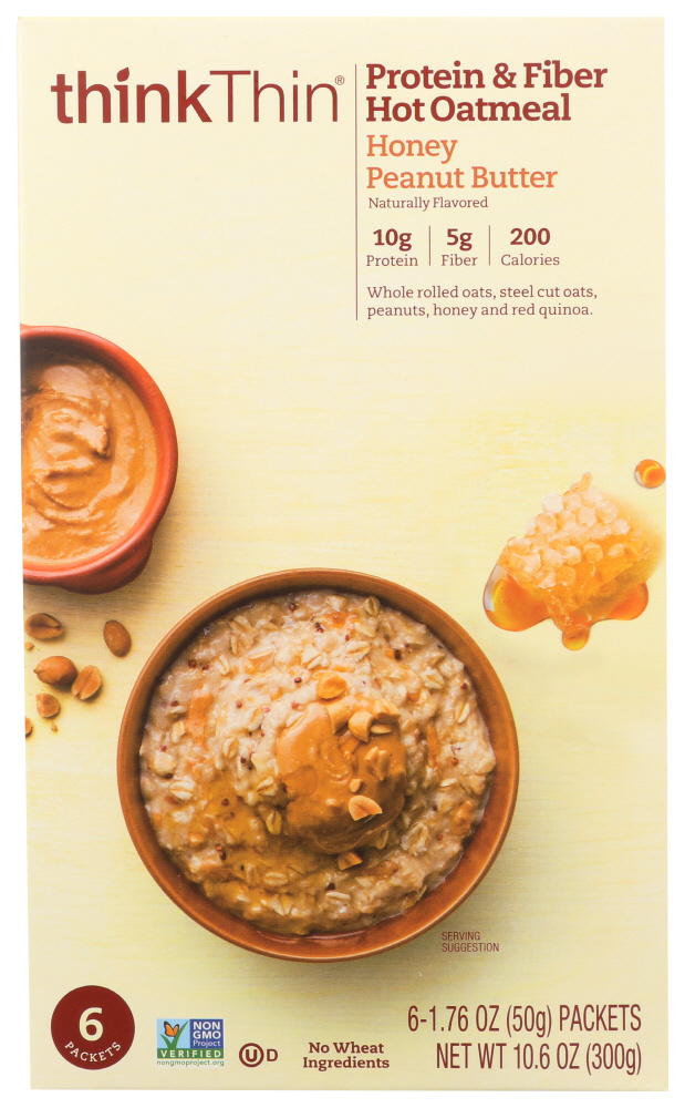 (6 Pack) Think! Thin Protein And Fiber Oatmeal Honey Peanut Butter, 1.76Oz