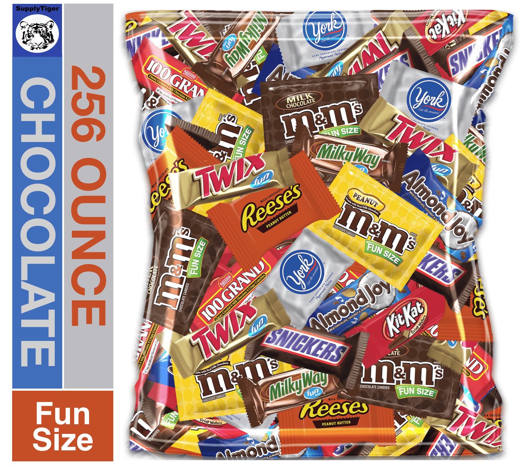 (256 Ounce) Variety Assortment Mix Bulk Pack Chocolate M&M's, Snickers, Milky Way, Twix, Reese's, York, 100 Grand, Almond Joy, Kitkat.