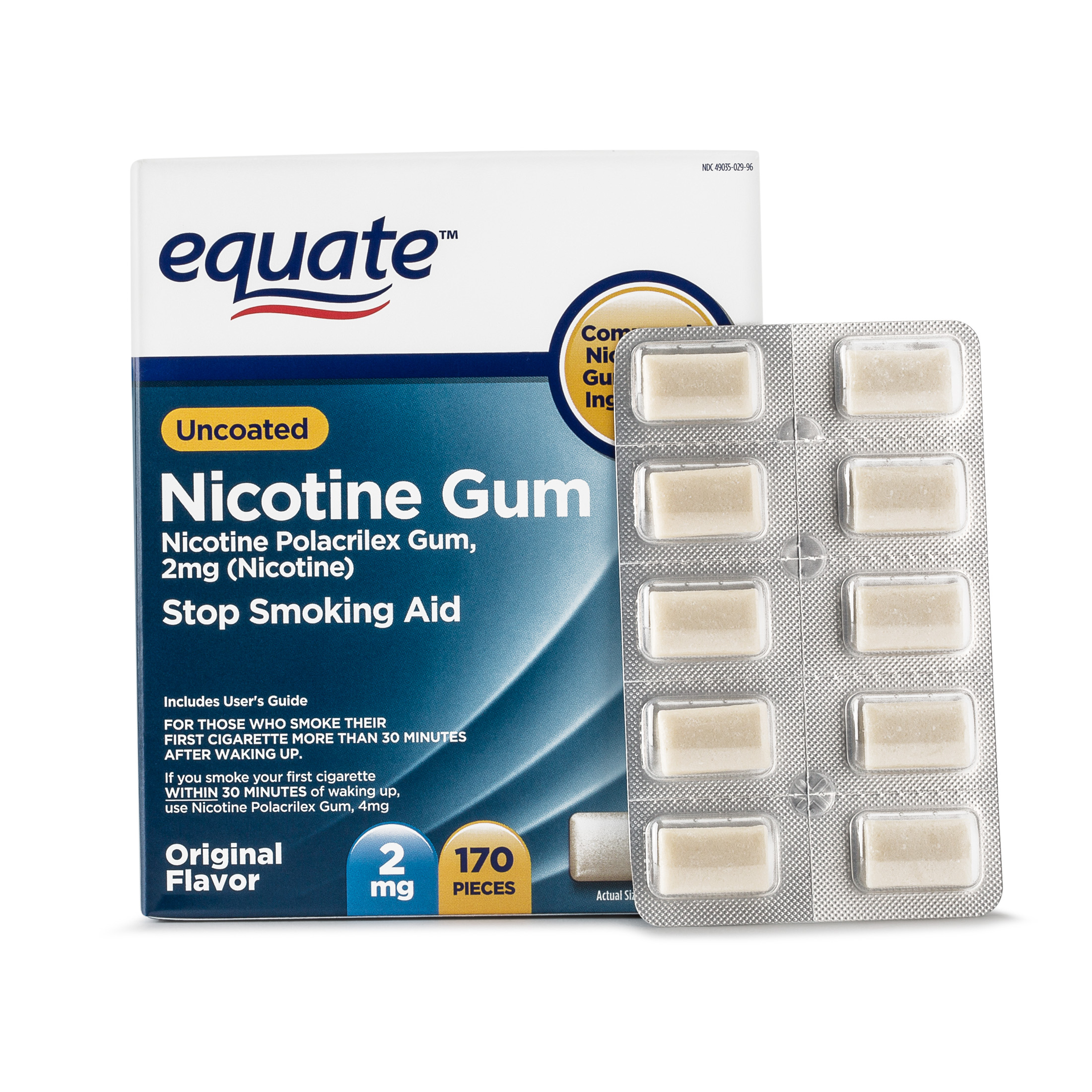 (2 Pack) Equate Uncoated Nicotine Gum Stop Smoking Aid Original Flavor, 2 mg, 170 Ct