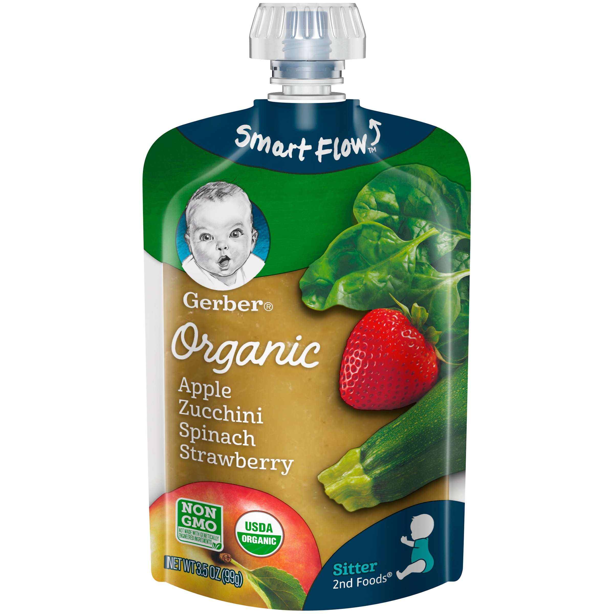 (4 Pack) Gerber 2nd Foods Organic Baby Food, Apples, Zucchini, Spinach & Strawberries, 3.5 oz. Pouch