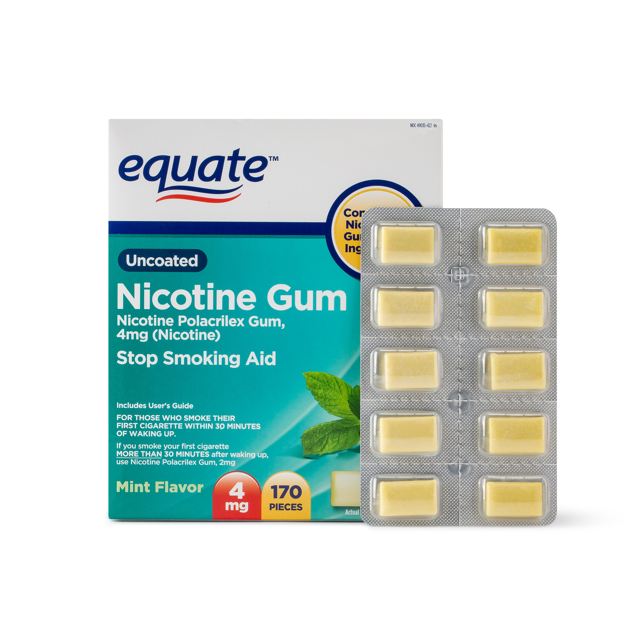 (2 Pack) Equate Uncoated Nicotine Gum Stop Smoking Aid Mint Flavor, 4 mg, 170 Ct