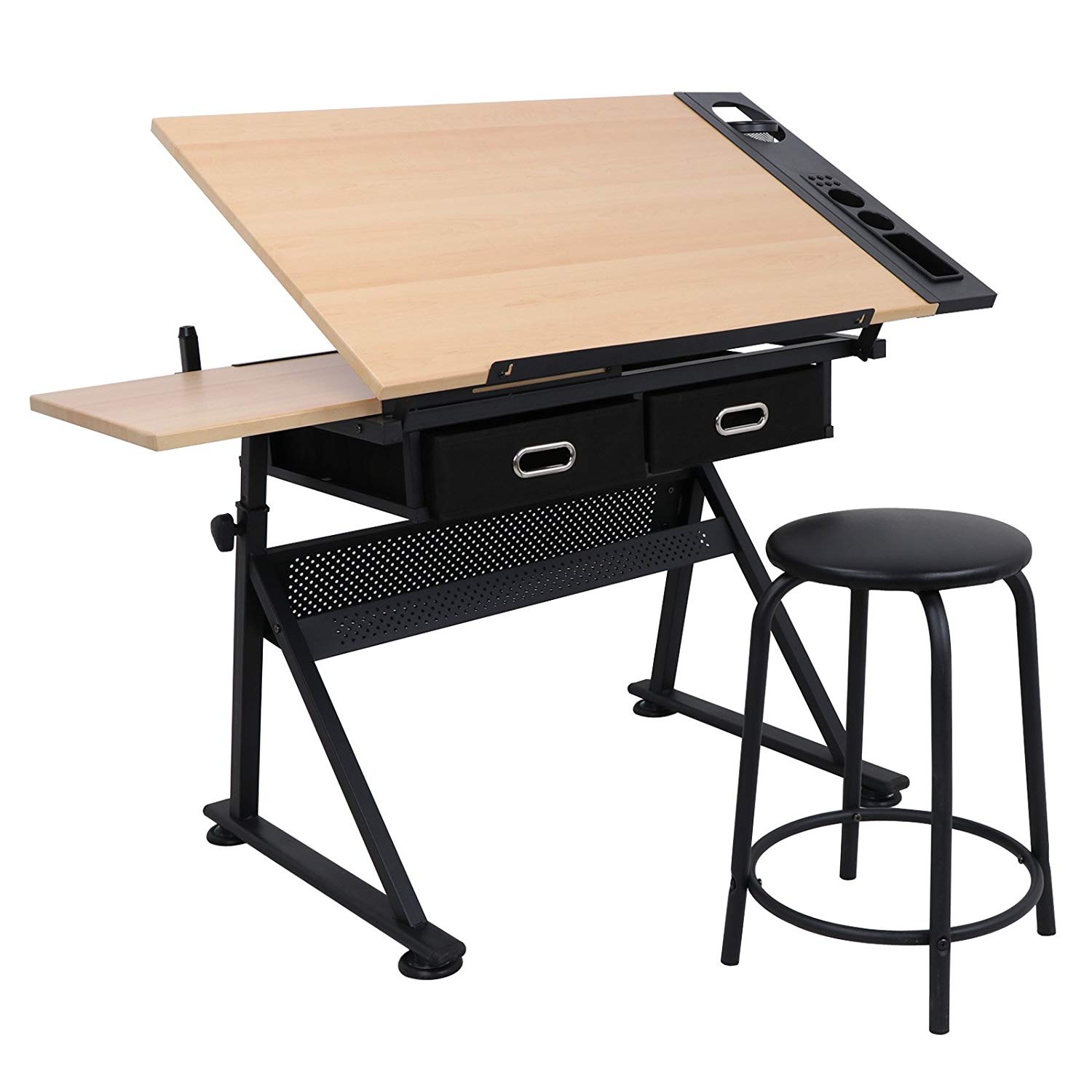 Zeny Height Adjustable Drafting Draft Desk Drawing Table Desk Tiltable Tabletop w/Stool and Storage Drawer for Reading, Writing Art Craft Work Station