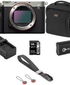 B0946FFTRJ Sony Alpha 7C Mirrorless Digital Camera, Silver (Body Only), Bundle with Bag, 128GB SD Card, Extra Battery, Compact Charger, Wrist Strap