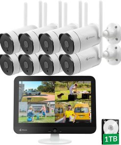 B094FR6688 Kittyhok 2K All-in-one Wireless Security Camera System with 12'' Monitor, 8pcs WiFi Security Cameras for Home Security, 1TB HDD, 2-Way Audio, Remote Access, Motion Detection, Waterproof, Night Vision