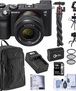 B09468B5MD Sony Alpha 7C Mirrorless Digital Camera with FE 28-60mm Lens, Black, Bundle with 128GB SD Card, Backpack, Mini Tripod, Extra Battery, Charger, Screen Protector and Accessories
