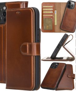 B092MS44N5 Bayelon Genuine Leather Wallet Case for iPhone 12 Pro Max 6.7" - Detachable Magnetic Flip Cover with Card Slots, Horizontal Viewing Kickstand, Durable Frame (Rustic Tan2)